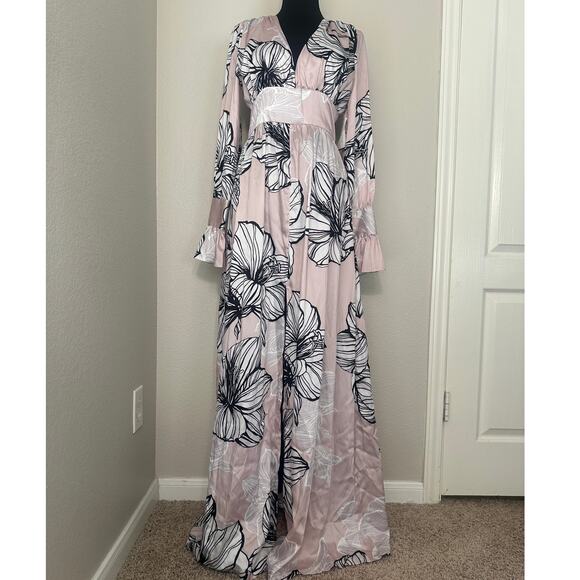 Alexia Admor Blush Pink Satin Floral Bell Sleeve Maxi Dress, Size Small NWT - Picture 3 of 10